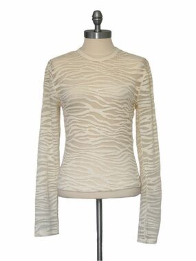 Just Polly NWT Cream Sheer Lace Textured Zebra Print Long Sleeve Crewneck Top M